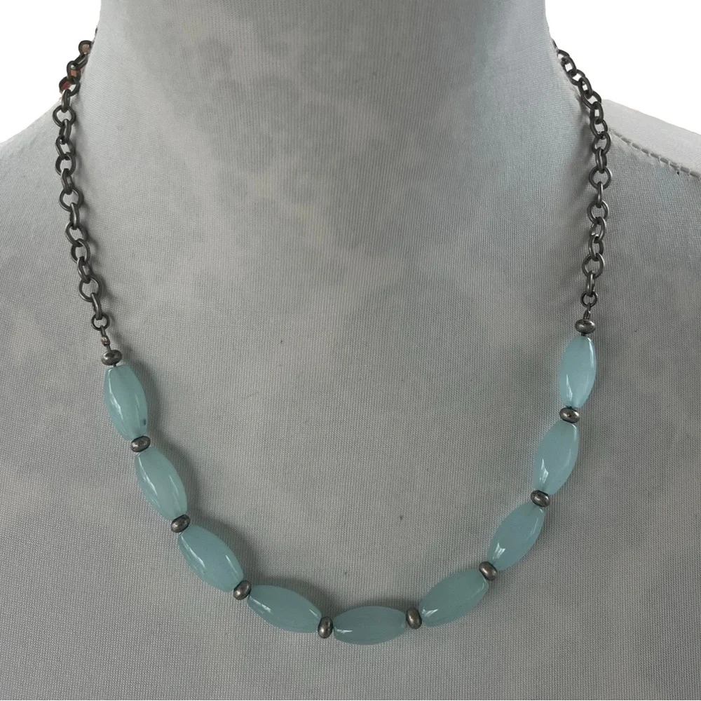 Aqua Blue Glass Beaded Necklace with Silver Accents and Pewter Tone Chain